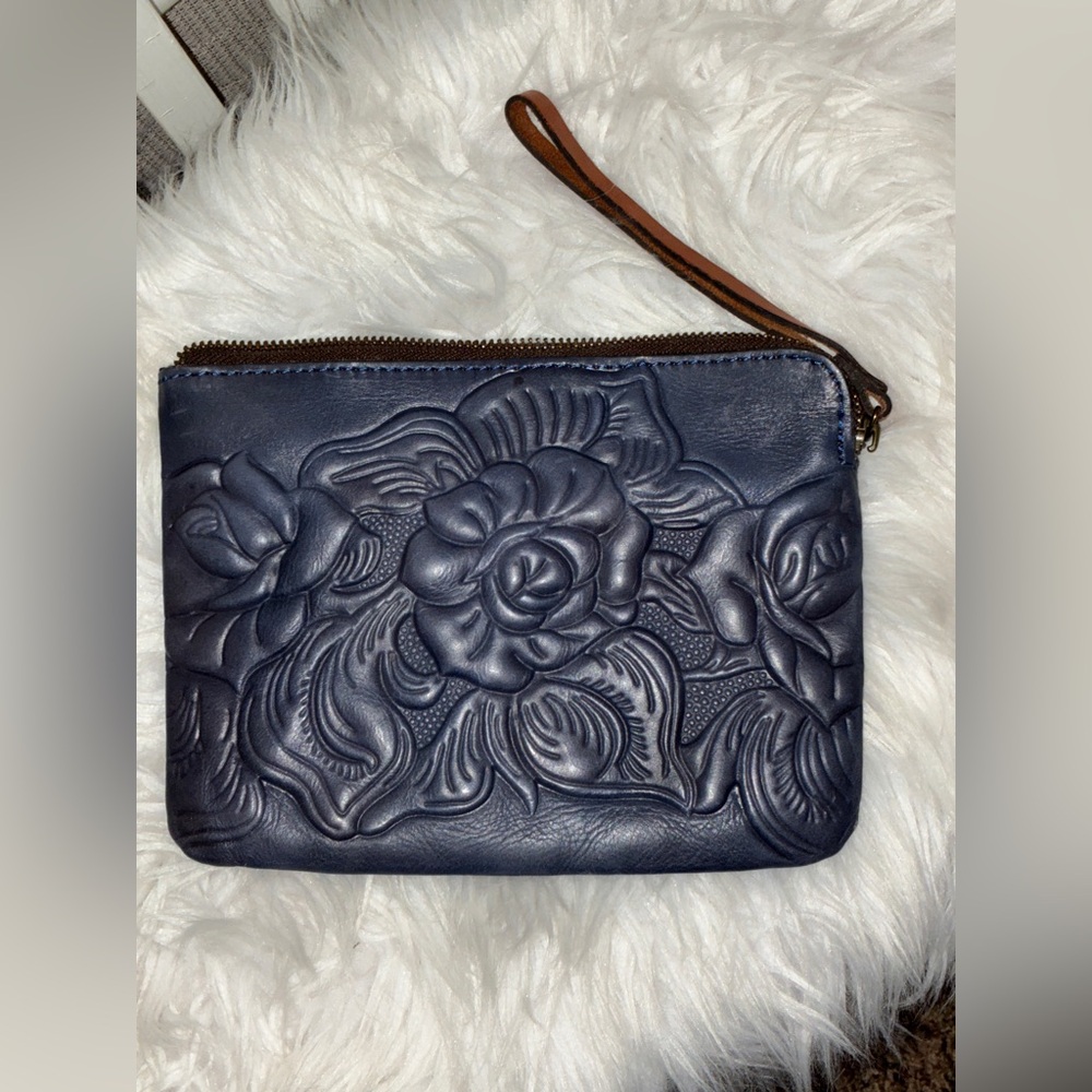 Patricia Nash Blue Floral Embossed Wristlet